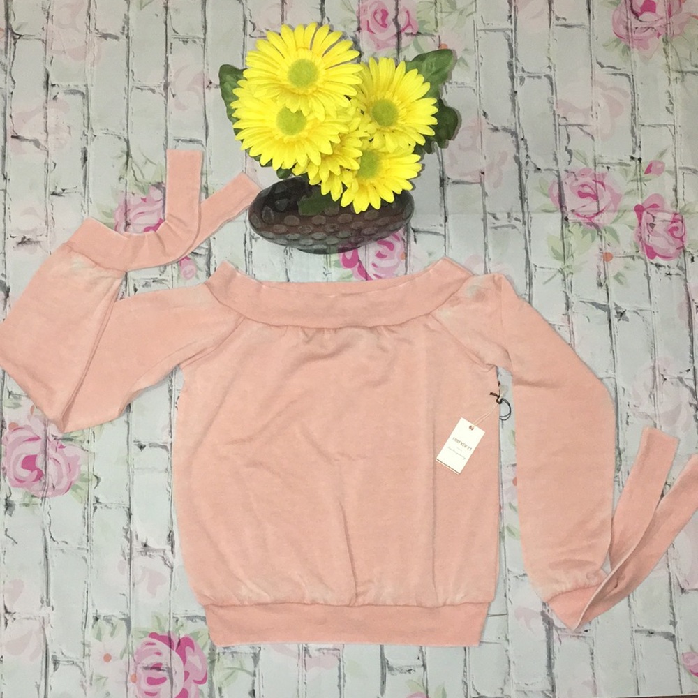 Off Shoulder Tie Cuff Fleece Top (Peach)